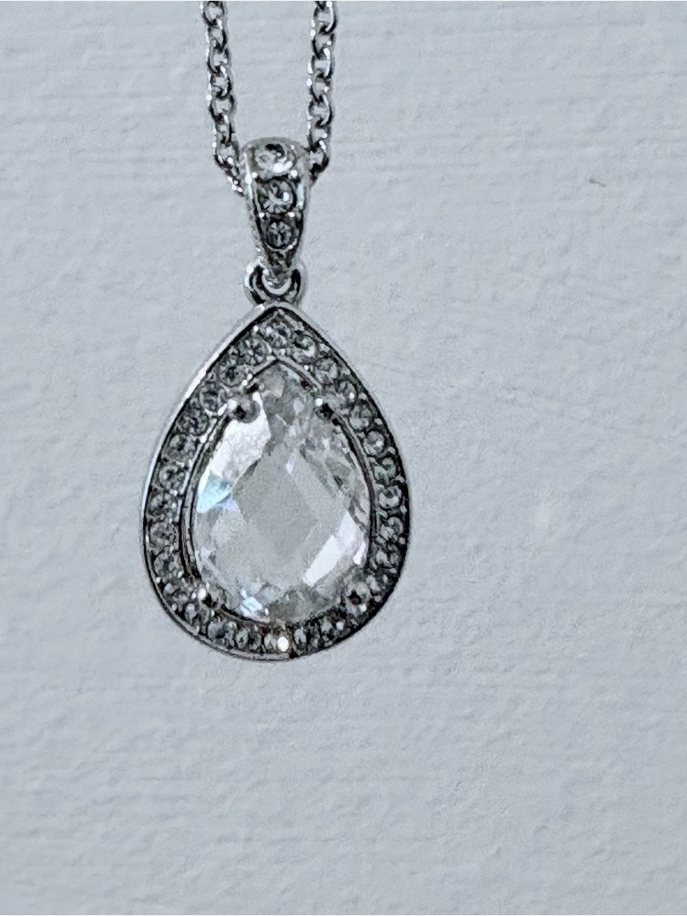 Silver Tone Pear Shape Crystal Halo Pendant Necklace